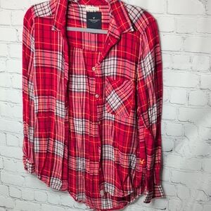 American Eagle Outfitters Boyfriend Fit Red and Yellow Plaid Button Down